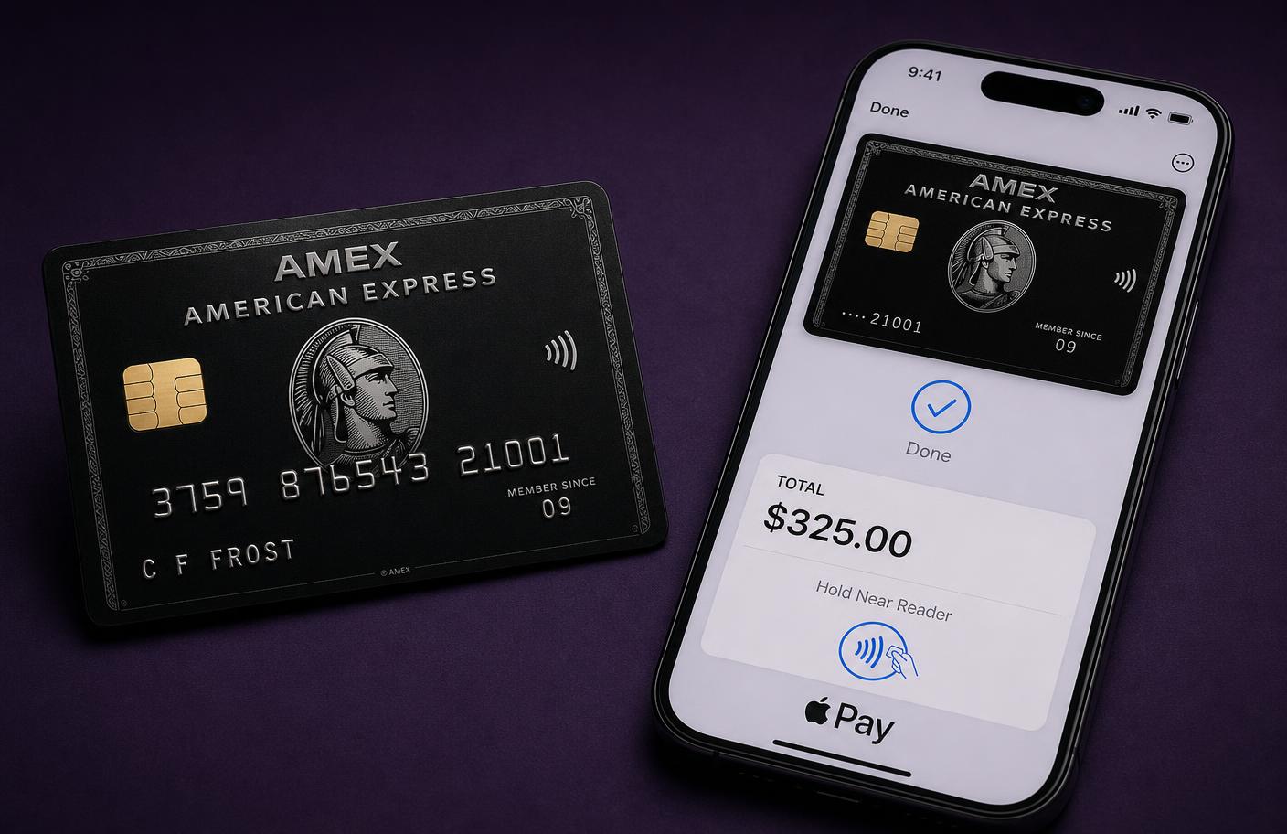 LARP Amex style card next to an Apple Pay payment screen
