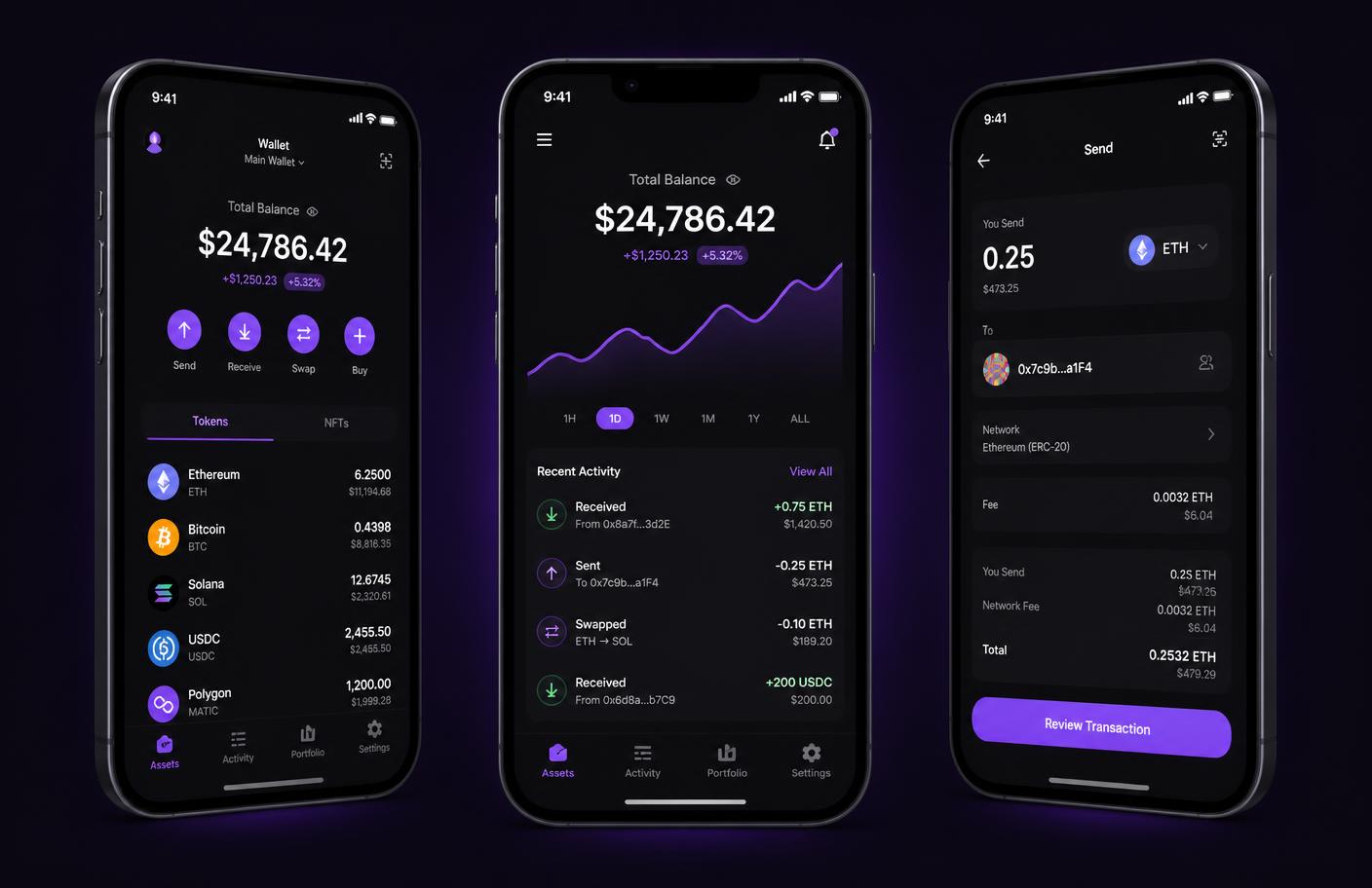Larping Wallet running on three smartphones showing custom crypto portfolios